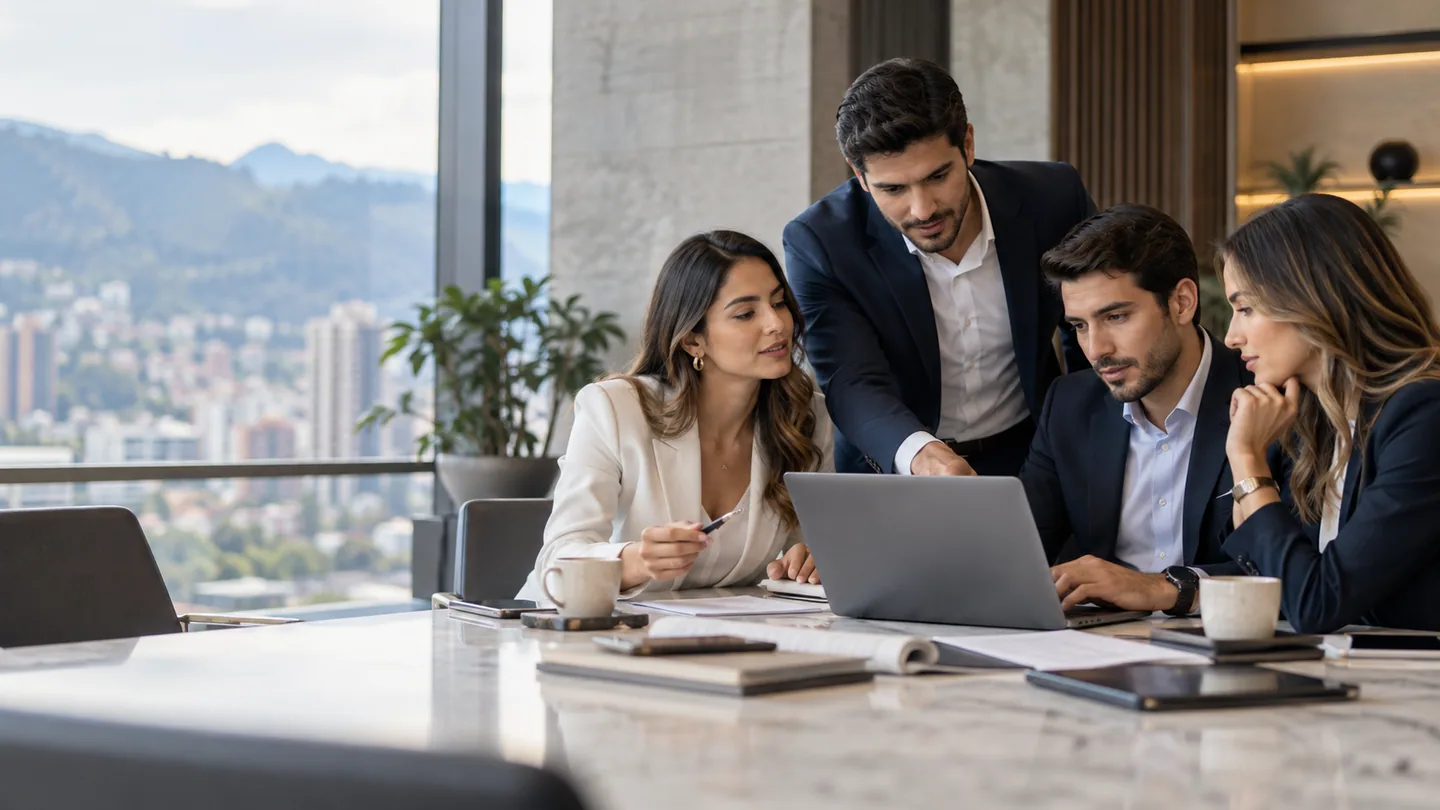 Equipo corporativo analizando información financiera y procesos empresariales