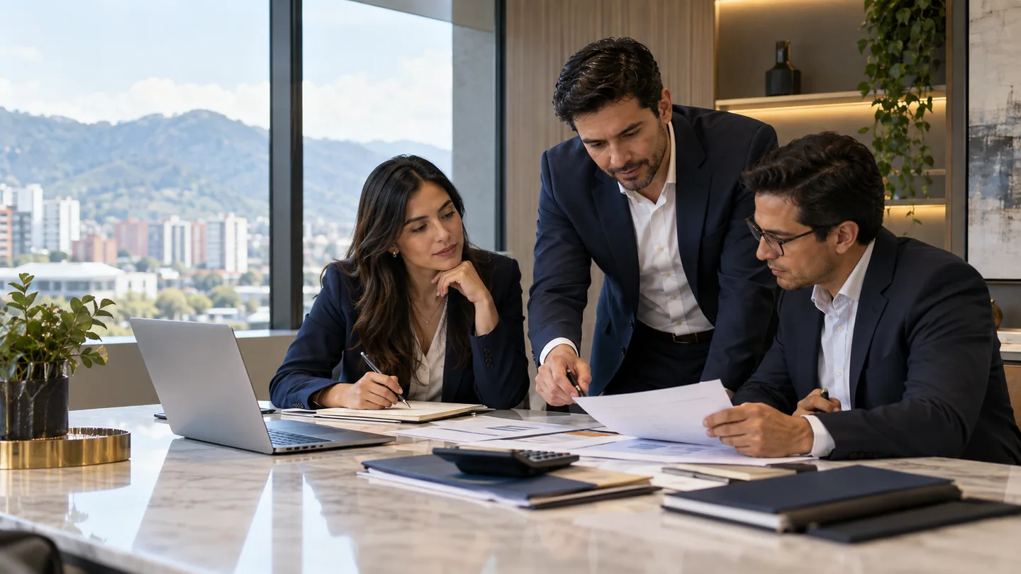 Profesionales revisando procesos tributarios, contables y financieros